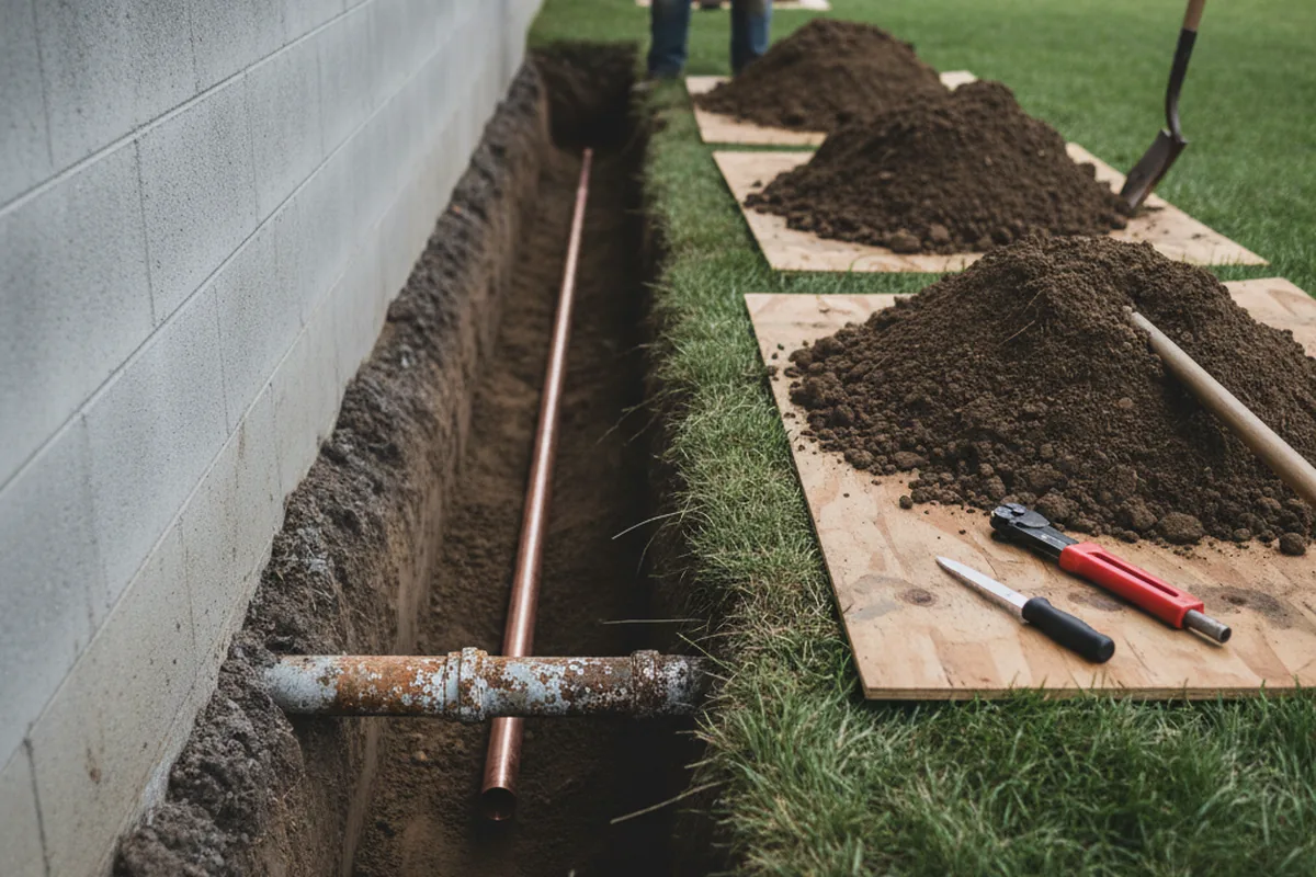 Excavated water line trench during Water Heater Repair in Des Plaines